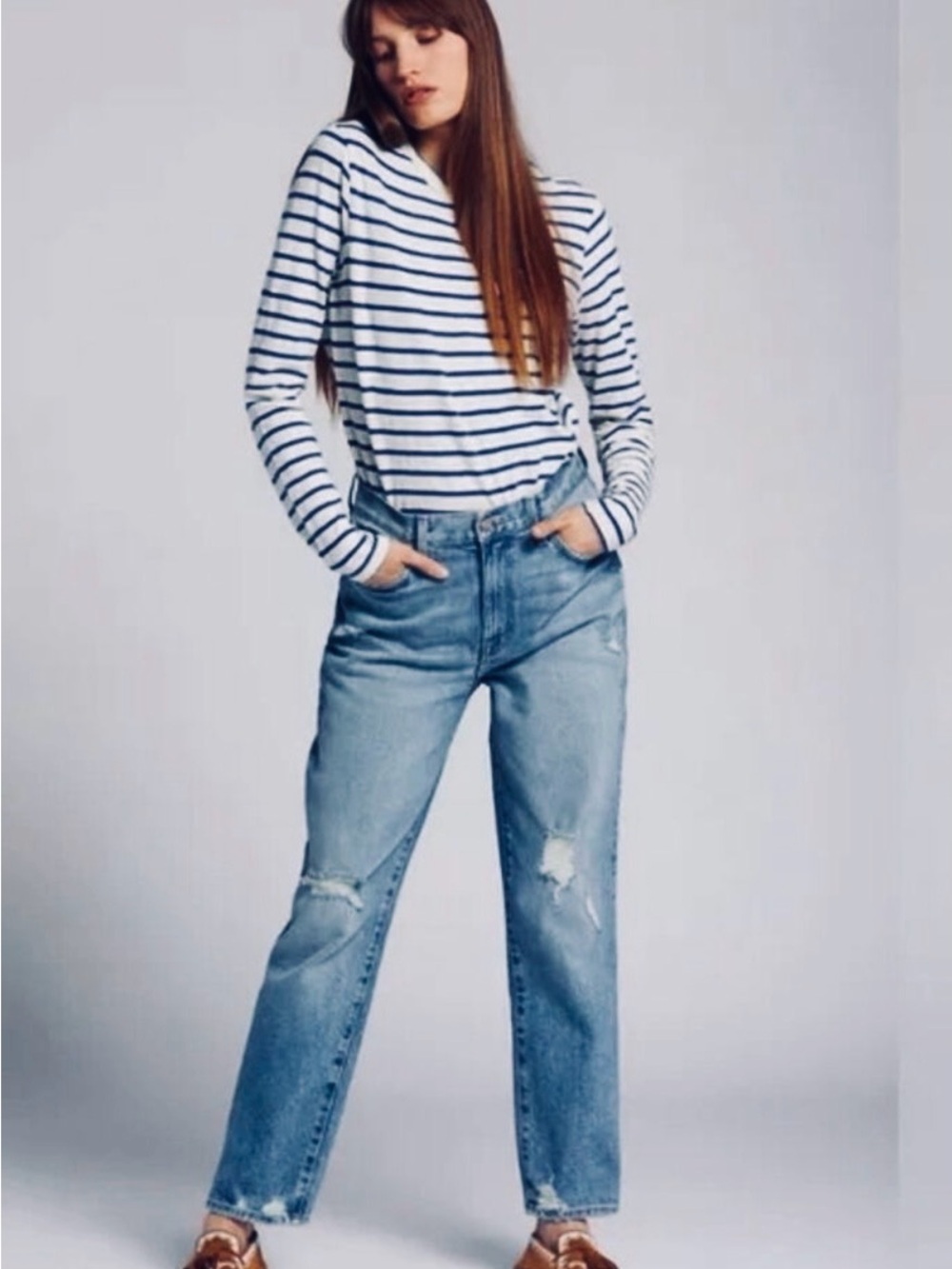 Current/Elliott High-Rise Distressed Light Blue Mom Jeans